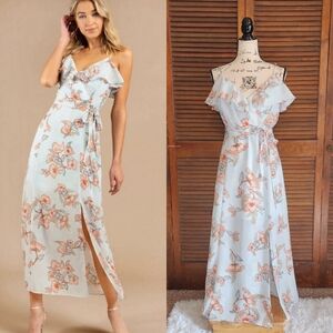 J.O.A. Blue Floral Print Ruffle V Neck Midi Dress